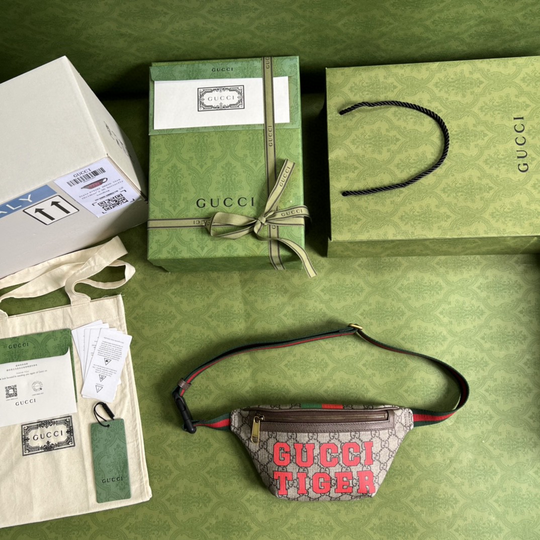 Gucci Tiger GG Belt Bag Beige And Ebony GG Supreme Canvas For Women And Men  6in/16cm 675181 US7DC 9395