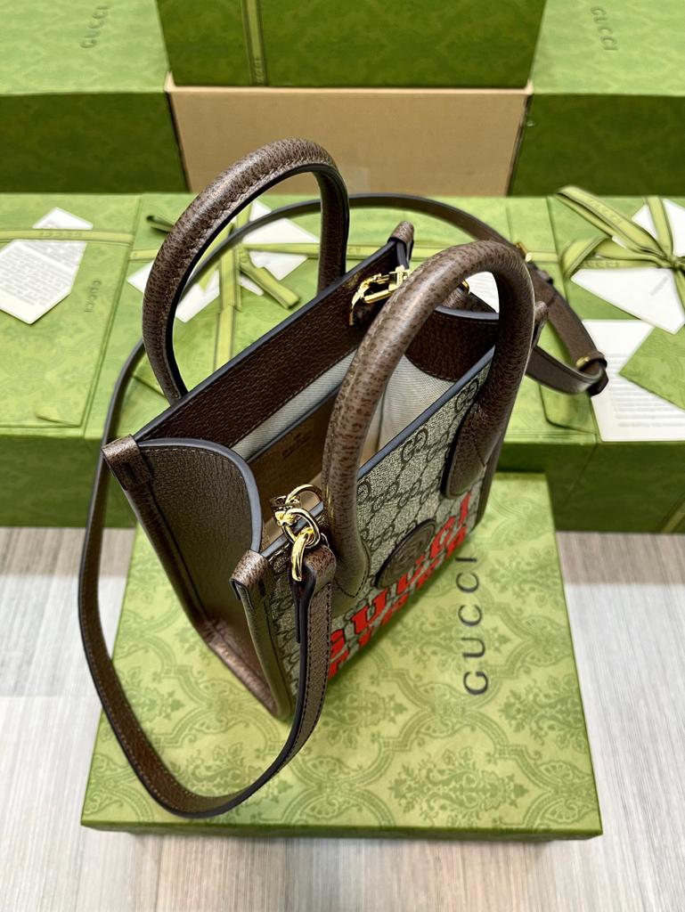 Gucci Tiger GG Mini Tote Bag Beige And Ebony GG Supreme Canvas Brown For Women 7.8in/20cm GG 671623 US7EC 9396