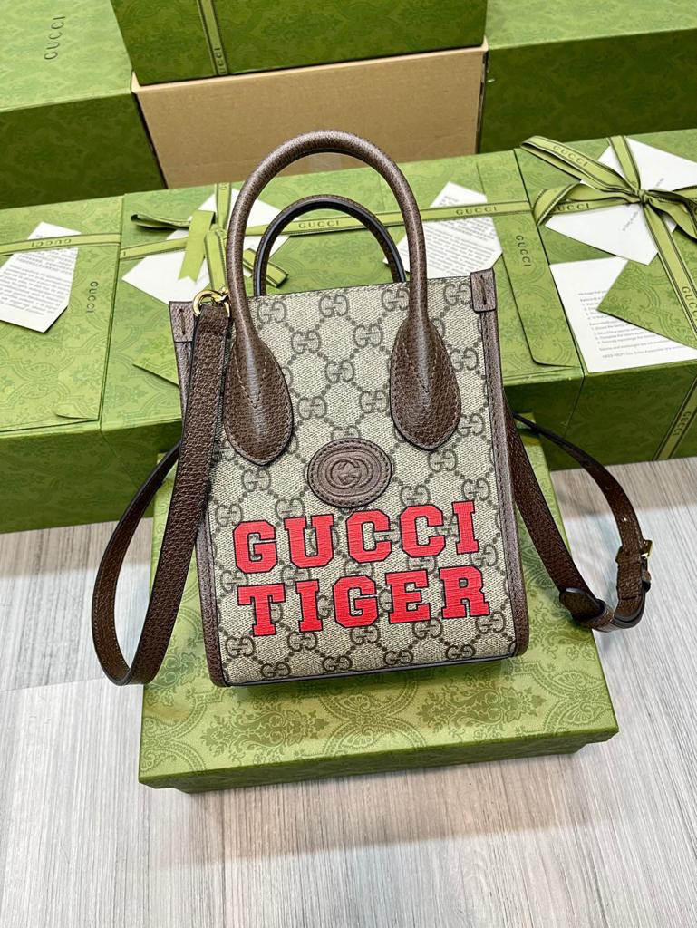 Gucci Tiger GG Mini Tote Bag Beige And Ebony GG Supreme Canvas Brown For Women 7.8in/20cm GG 671623 US7EC 9396