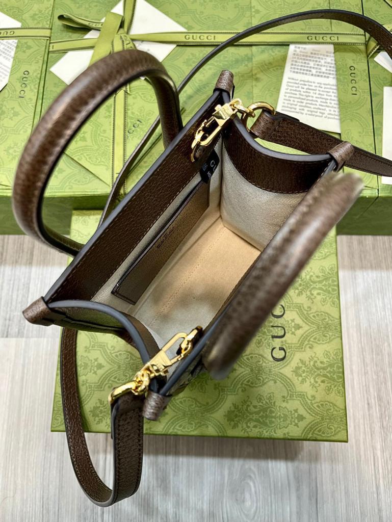 Gucci Tiger GG Mini Tote Bag Beige And Ebony GG Supreme Canvas Brown For Women 7.8in/20cm GG 671623 US7EC 9396