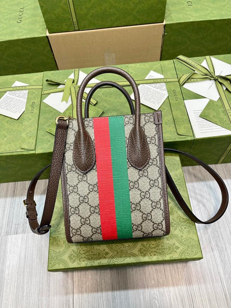 Gucci Tiger GG Mini Tote Bag Beige And Ebony GG Supreme Canvas Brown For Women 7.8in/20cm GG 671623 US7EC 9396
