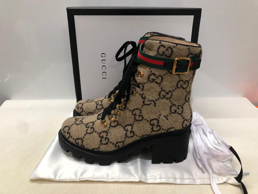 Gucci Trip GG Wool Combat Boots By Canvas Beige/Ebony For Women GG