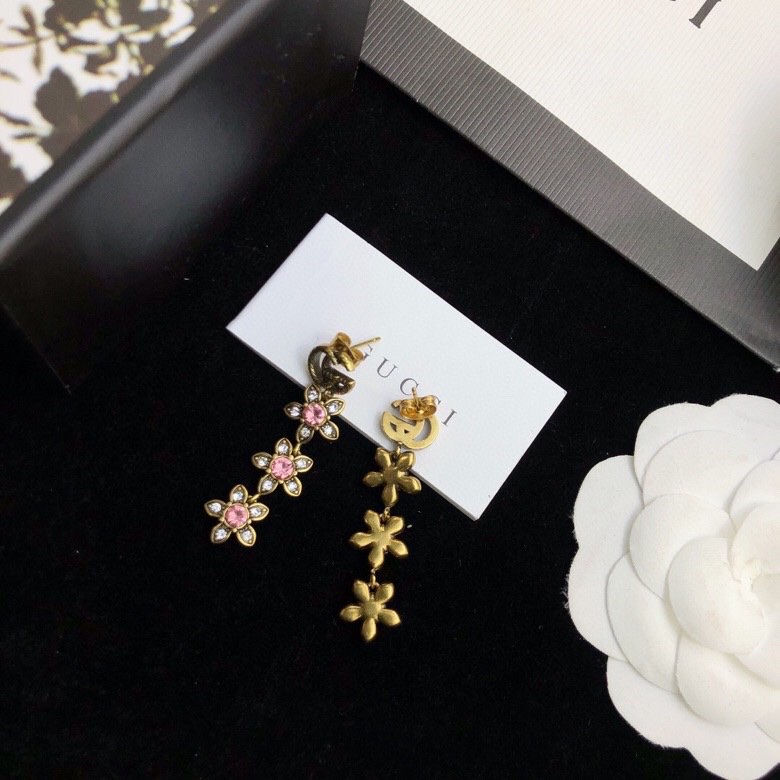 Gucci Triple Flower GG Earrings Gold Tone For Women
