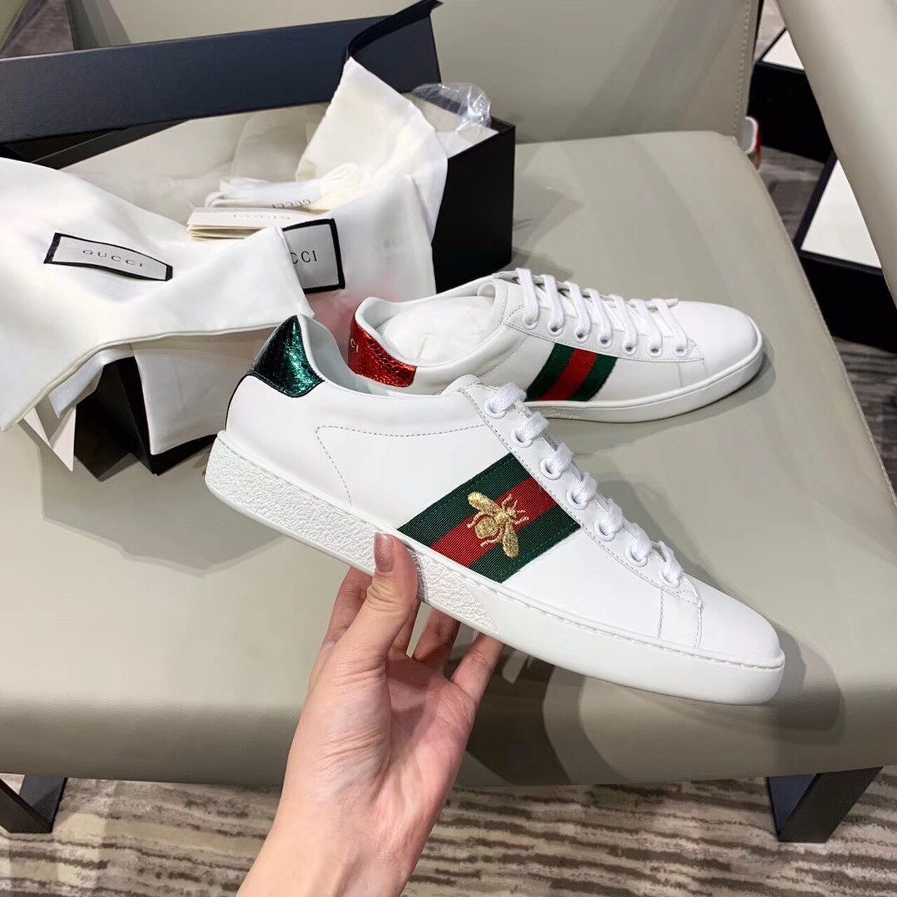Gucci Women’s Ace Sneaker With Bee White For Women GG 431942 02JP0 9064
