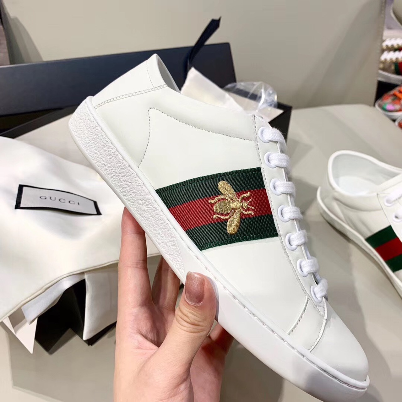 Gucci Women’s Ace Sneaker With Bee White For Women GG