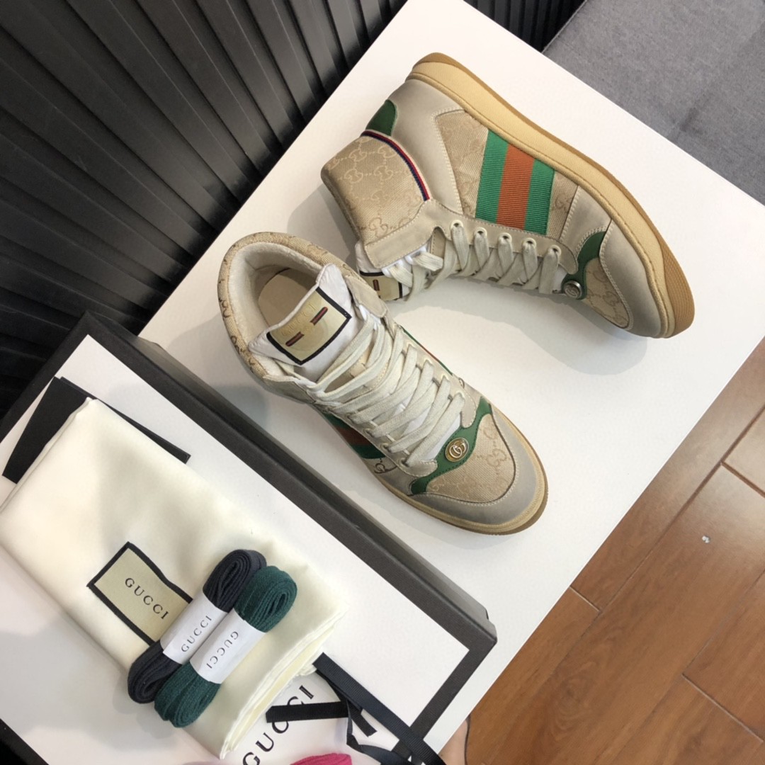 Gucci Women’s GG Screener Distressed High Top Off-White Green For Women 563730 9Y9P0 9661