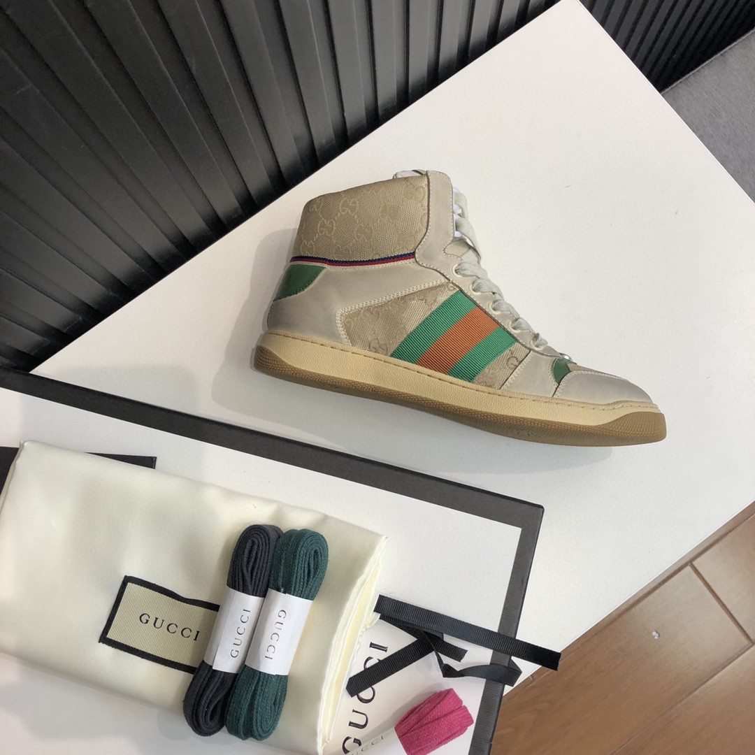 Gucci Women’s GG Screener Distressed High Top Off-White Green For Women 563730 9Y9P0 9661