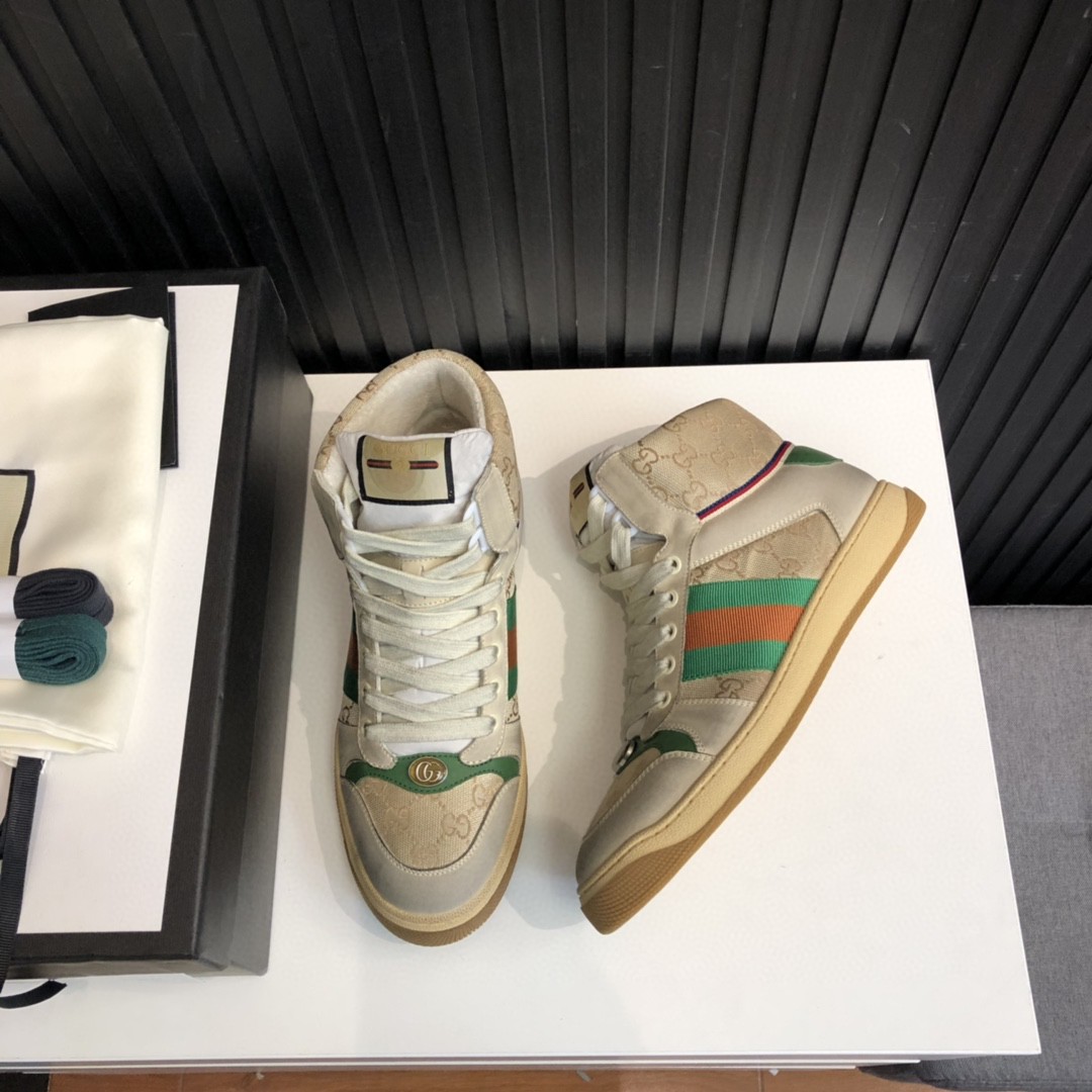 Gucci Women’s GG Screener Distressed High Top Off-White Green For Women 563730 9Y9P0 9661