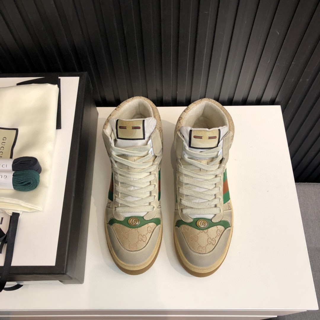 Gucci Women’s GG Screener Distressed High Top Off-White Green For Women 563730 9Y9P0 9661