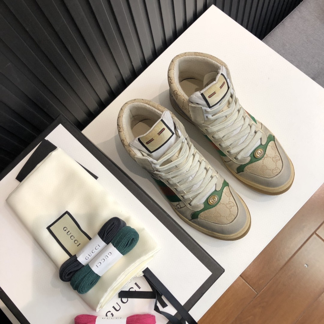 Gucci Women’s GG Screener Distressed High Top Off-White Green For Women 563730 9Y9P0 9661