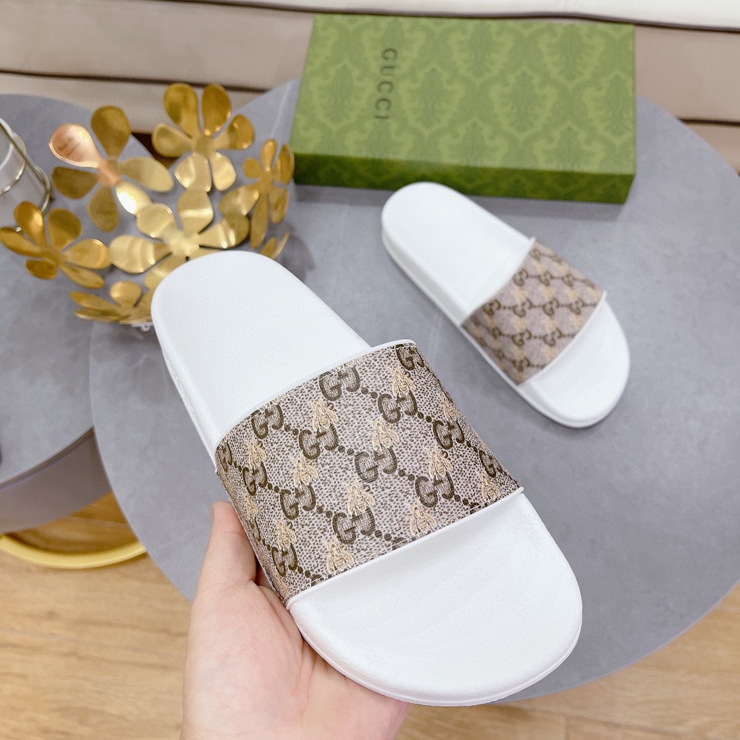 Gucci Women’s GG Slide Sandal With Bees White And Brown For Women 407345