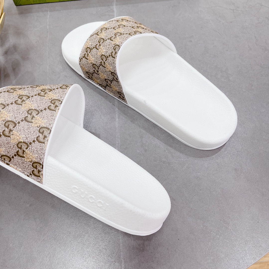 Gucci Women’s GG Slide Sandal With Bees White And Brown For Women 407345