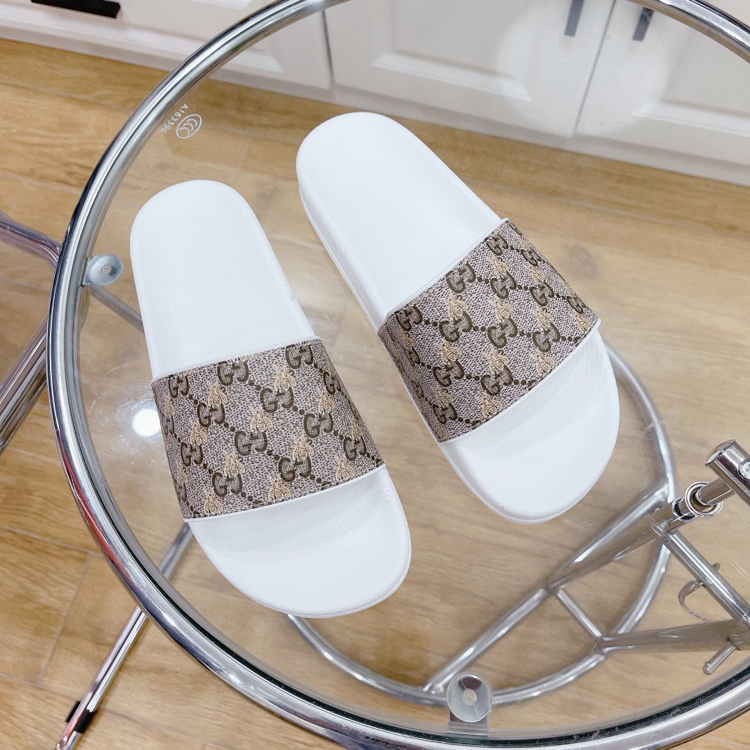 Gucci Women’s GG Slide Sandal With Bees White And Brown For Women 407345
