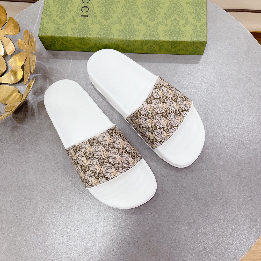 Gucci Women’s GG Slide Sandal With Bees White And Brown For Women 407345