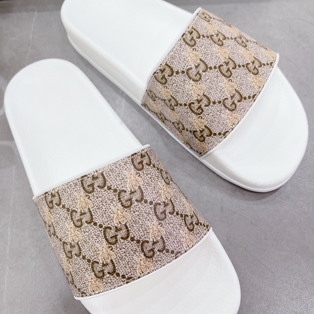 Gucci Women’s GG Slide Sandal With Bees White And Brown For Women 407345