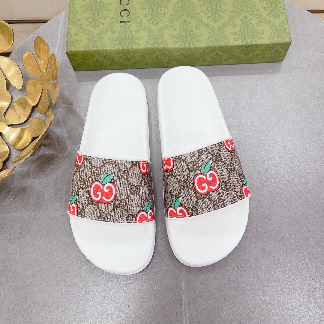 Gucci Women’s GG Slide Sandal With GG Apple White And Brown For Women 407345
