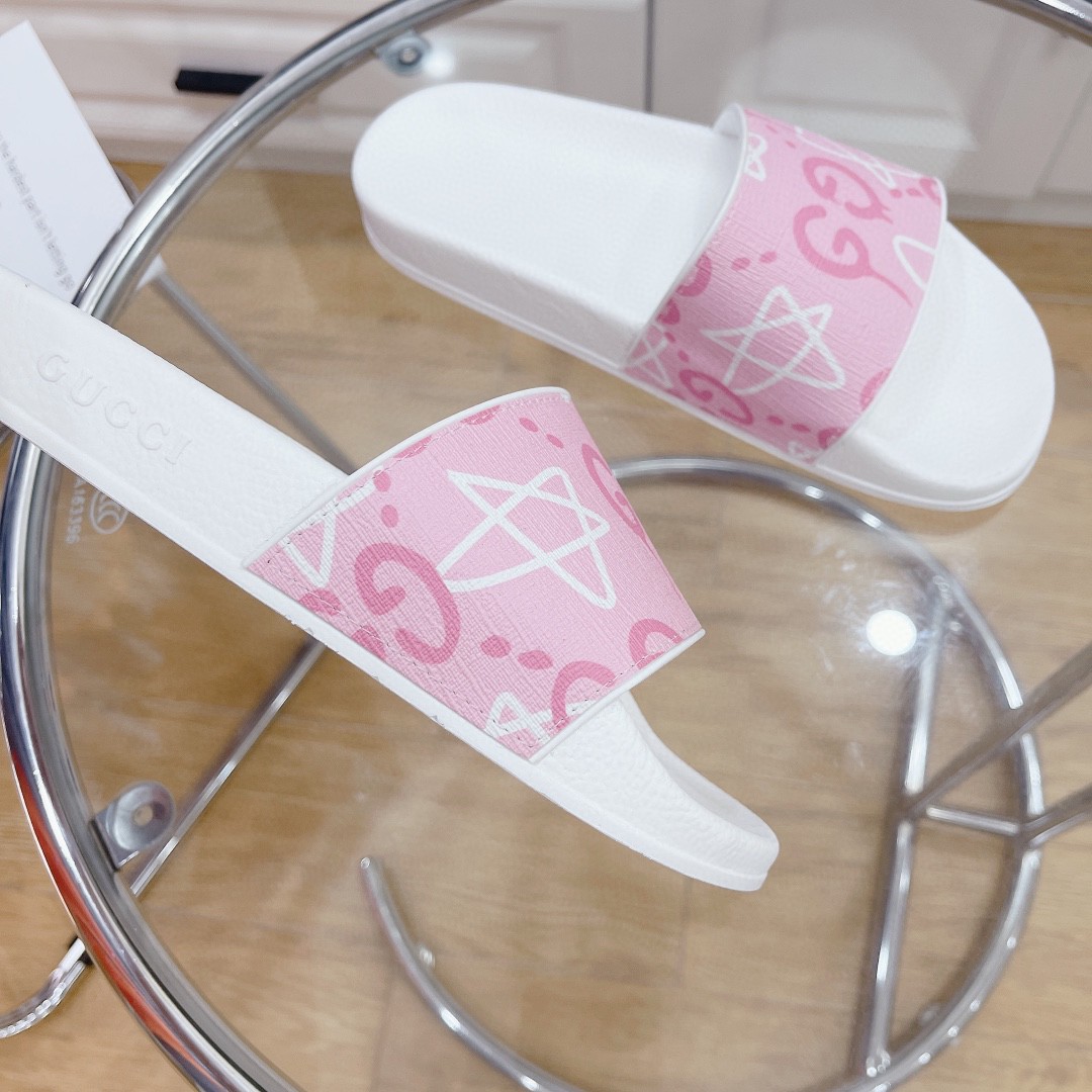 Gucci Women’s GG Stars Print Slide Sandal Pink And White For Women 408508