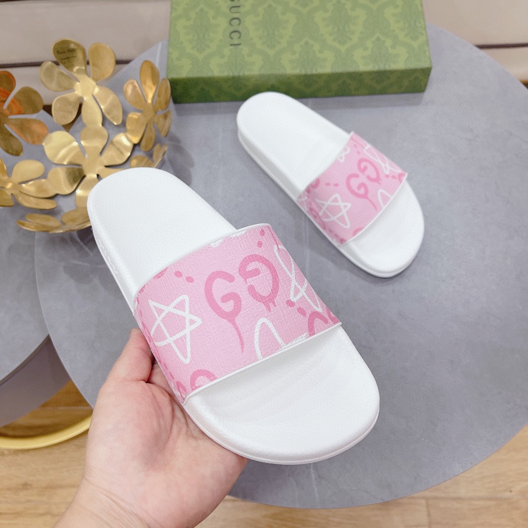 Gucci Women’s GG Stars Print Slide Sandal Pink And White For Women 408508