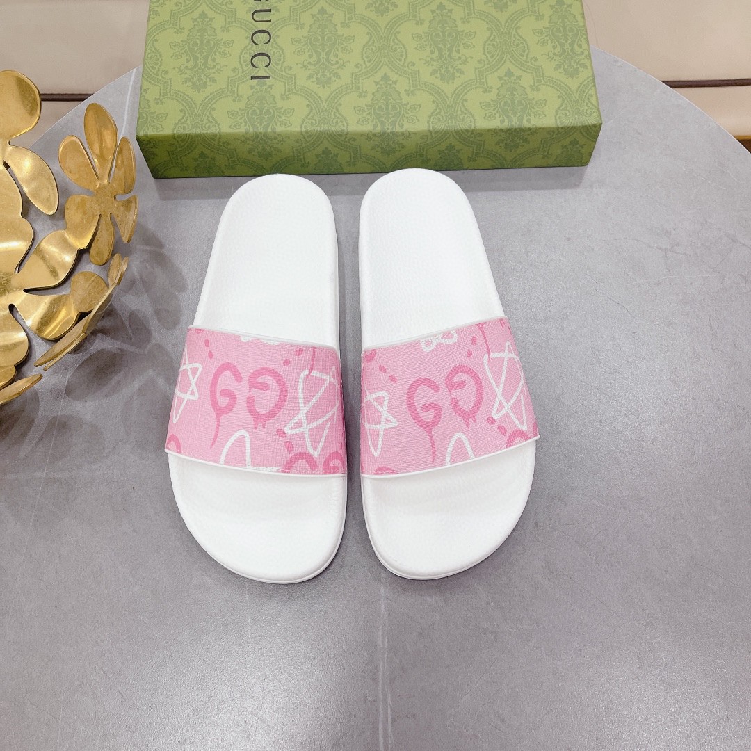 Gucci Women’s GG Stars Print Slide Sandal Pink And White For Women 408508