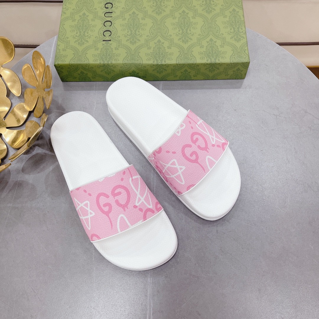 Gucci Women’s GG Stars Print Slide Sandal Pink And White For Women 408508