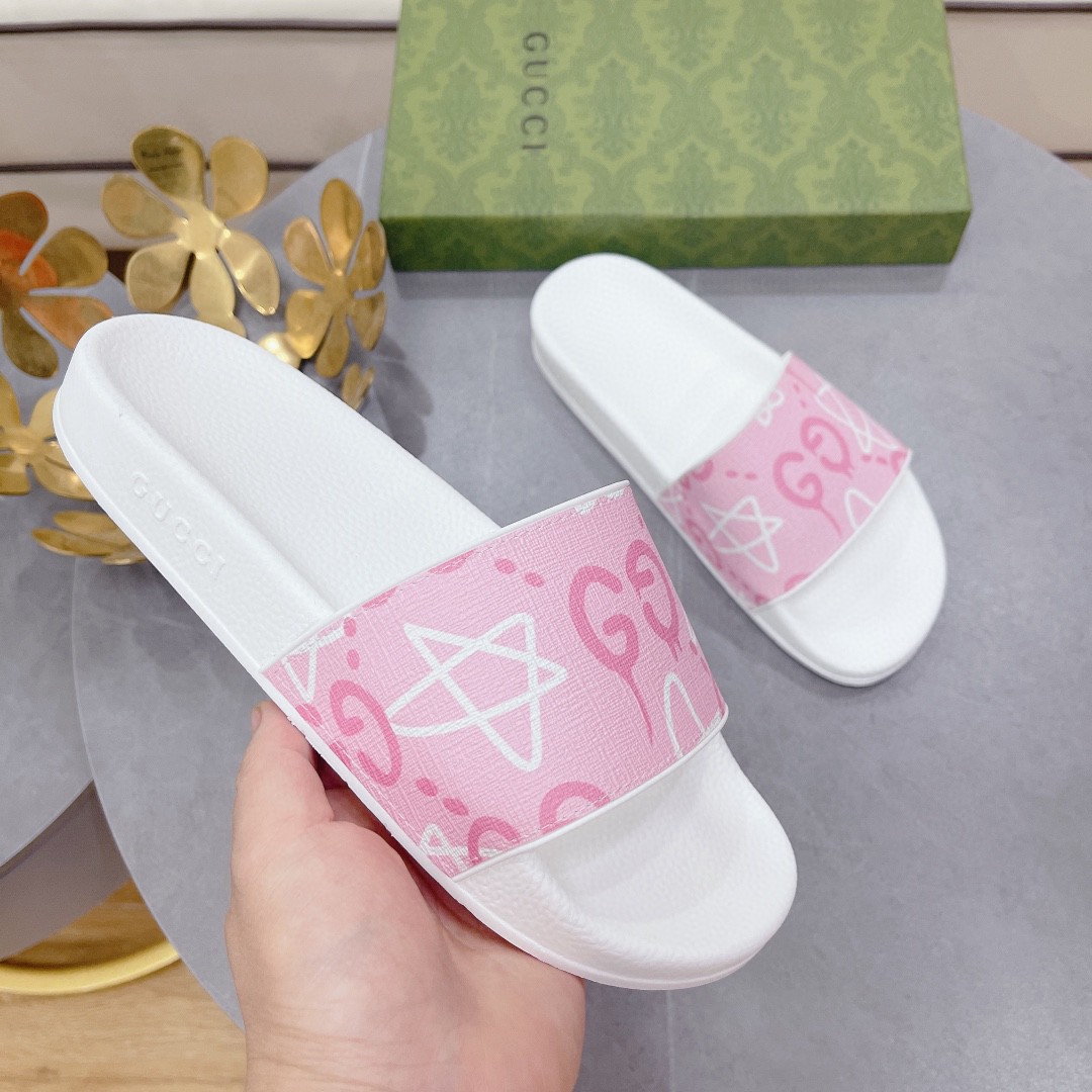 Gucci Women’s GG Stars Print Slide Sandal Pink And White For Women 408508