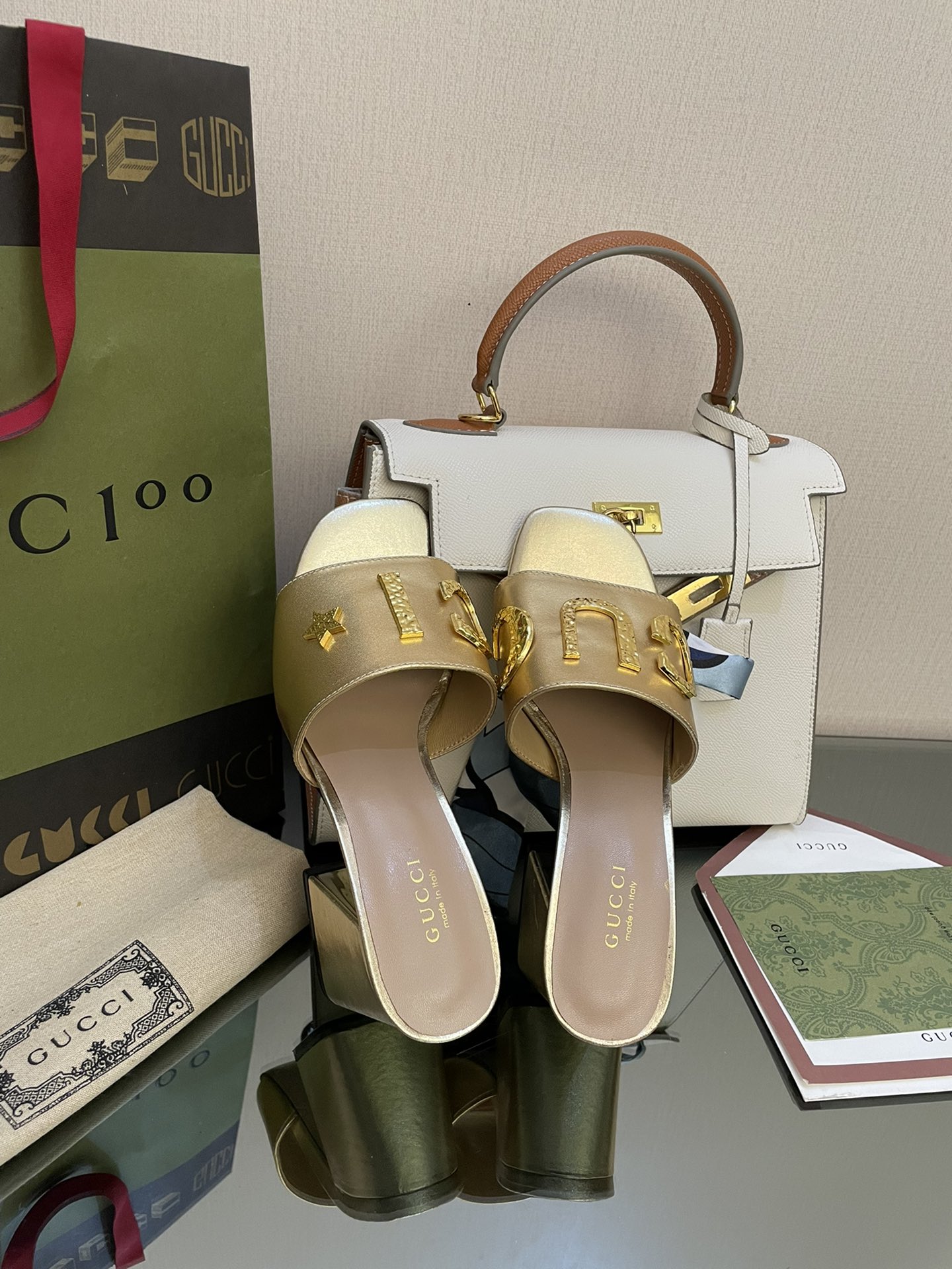 Gucci Women’s ‘Gucci’ Slide Sandal Gold For Women GG
