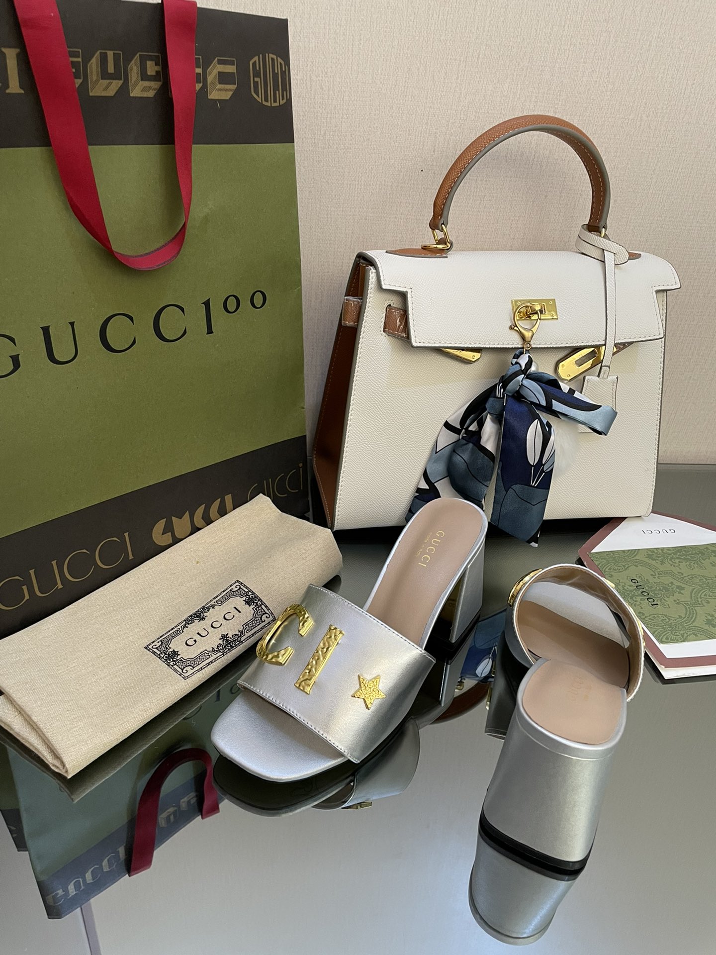 Gucci Women’s ‘Gucci’ Slide Sandal Silver For Women GG