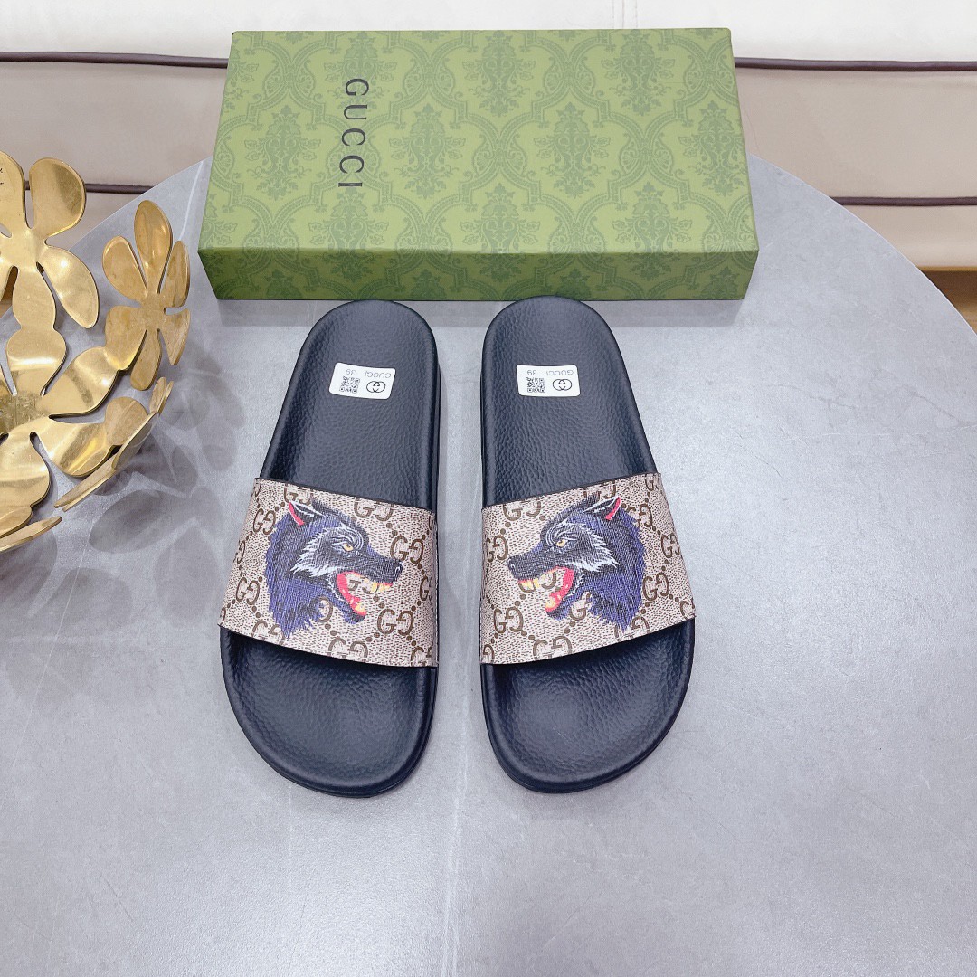 Gucci Women’s Gucci Supreme Slides With Wolf Black And Gray For Women 408508