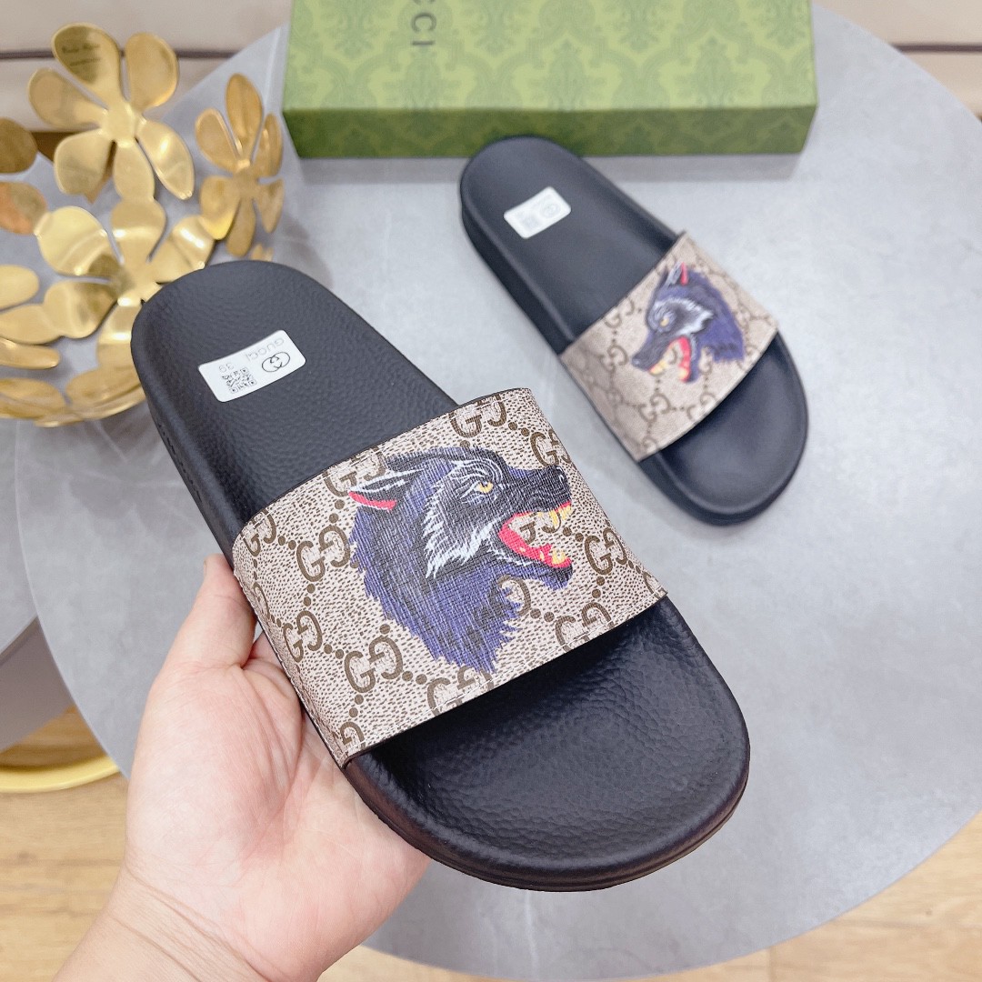 Gucci Women’s Gucci Supreme Slides With Wolf Black And Gray For Women 408508