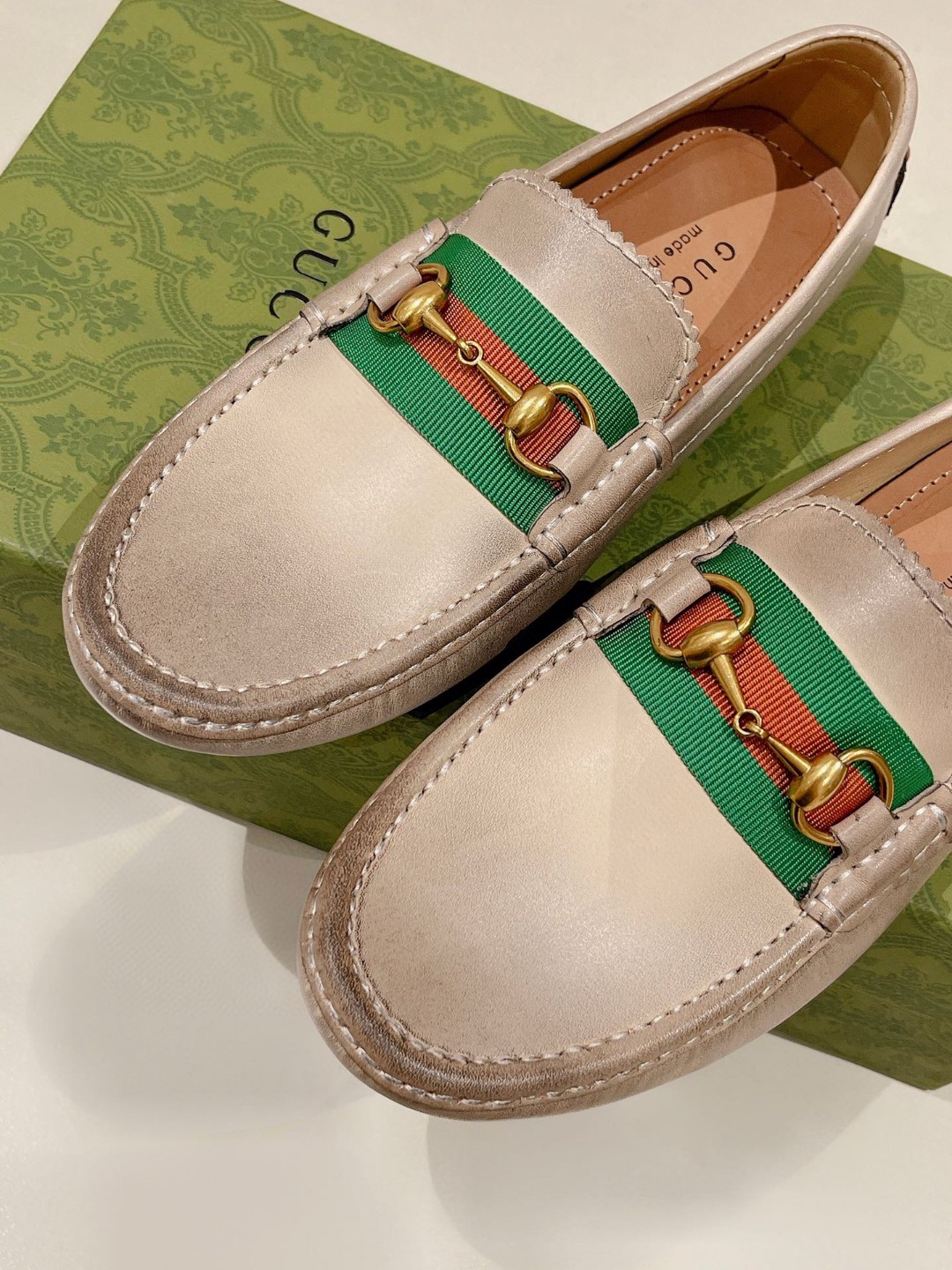Gucci Women’s Horsebit Driver With Web Distressed Beige