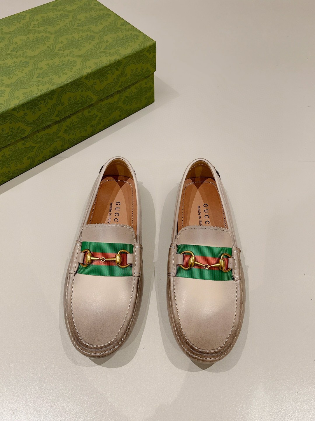 Gucci Women’s Horsebit Driver With Web Distressed Beige