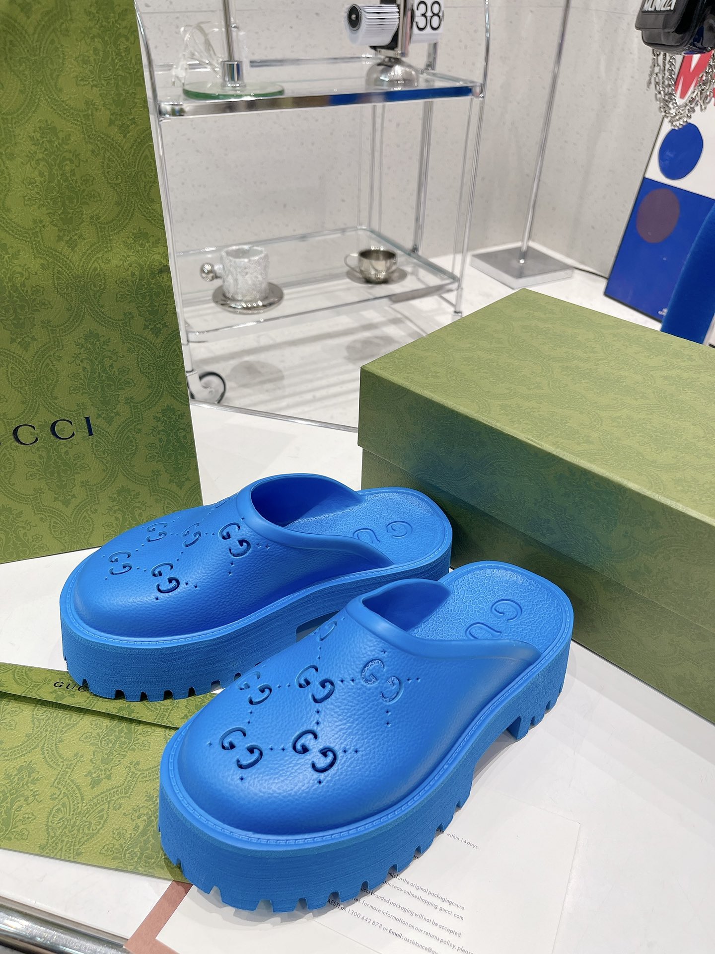 Gucci Women’s Platform Perforated G Sandal Light Blue For Women GG
