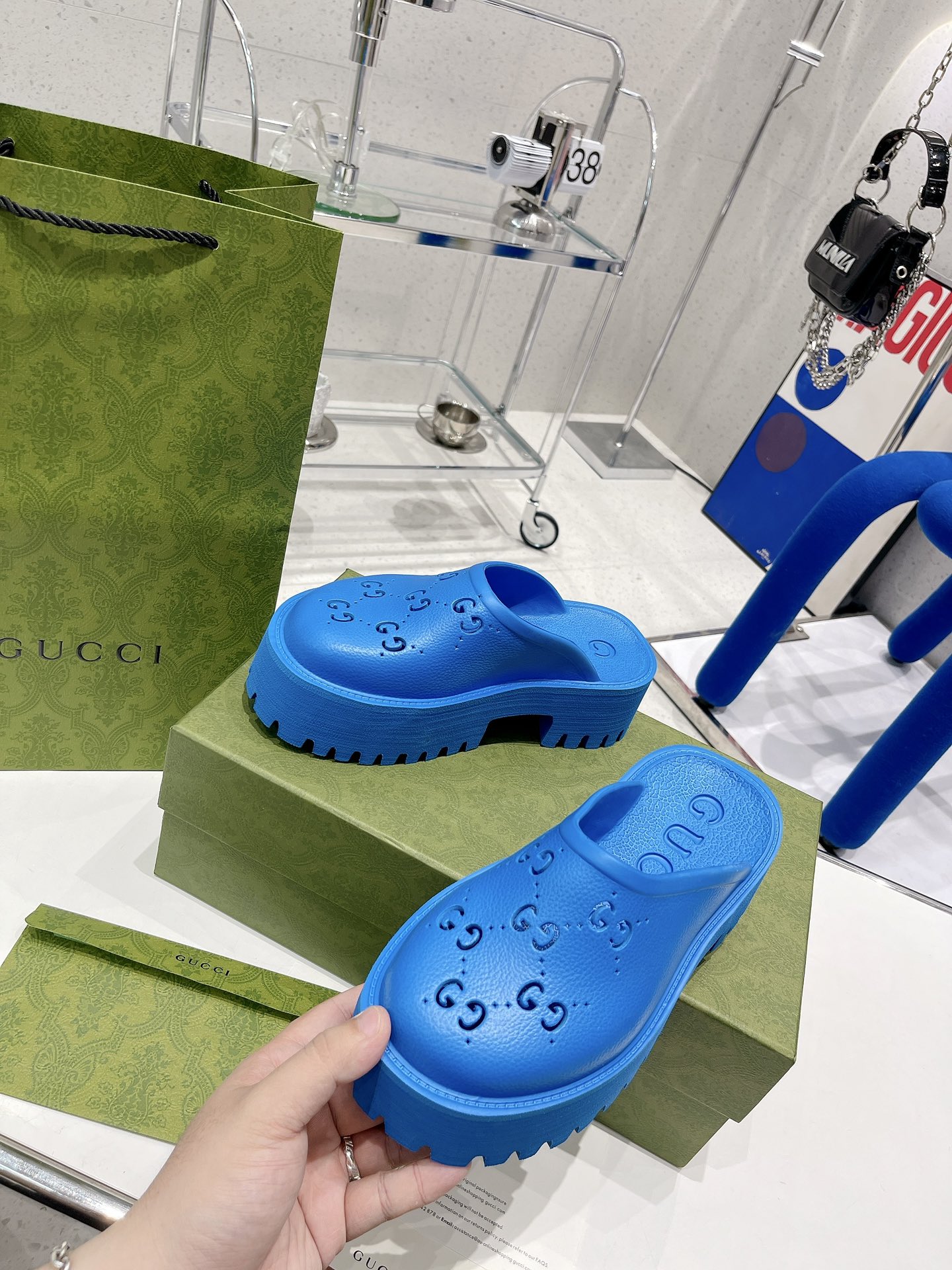Gucci Women’s Platform Perforated G Sandal Light Blue For Women GG