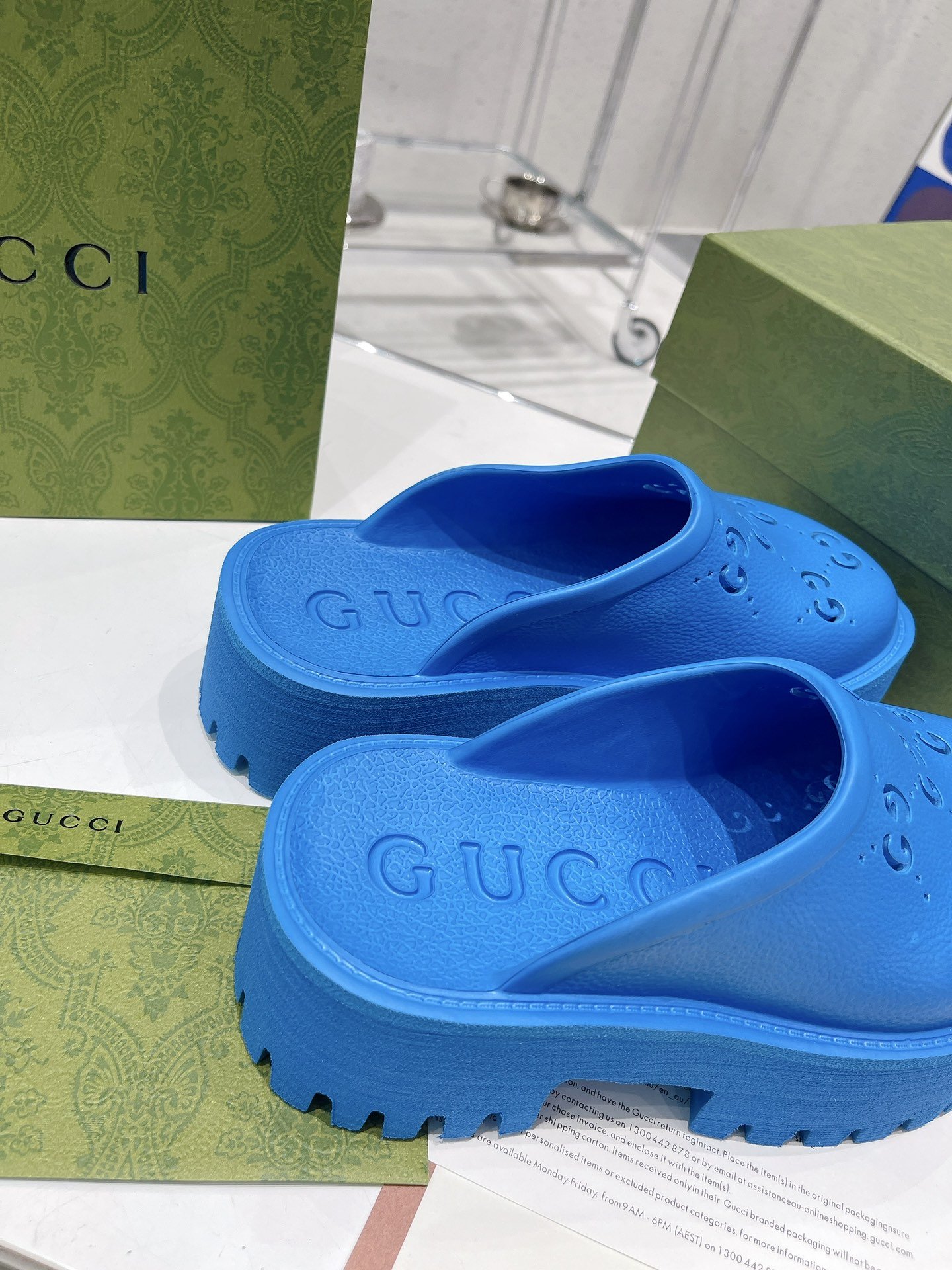 Gucci Women’s Platform Perforated G Sandal Light Blue For Women GG