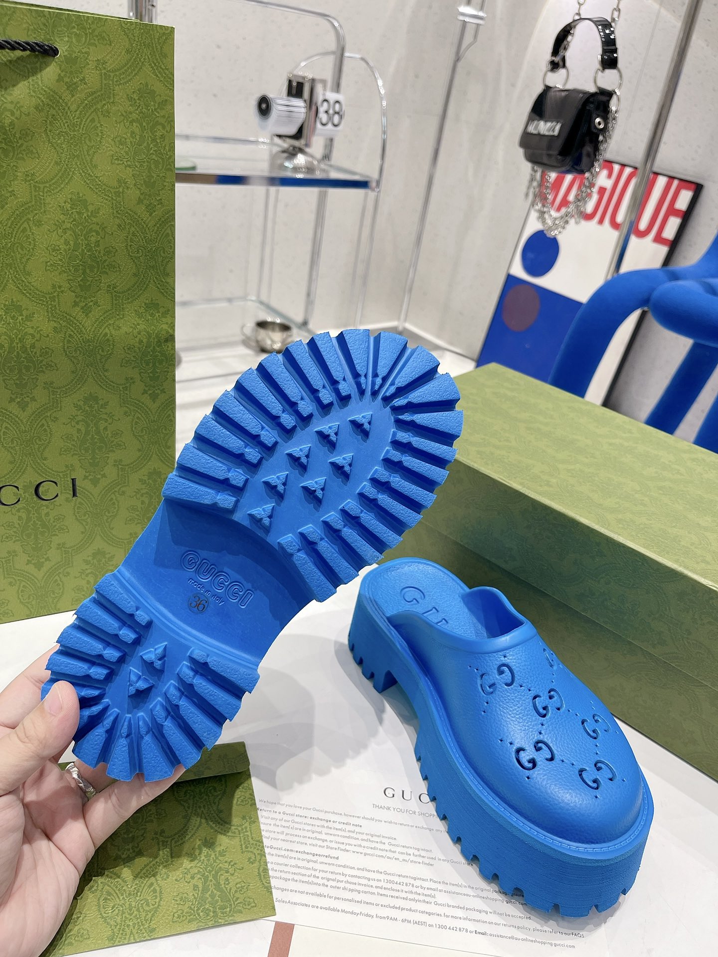 Gucci Women’s Platform Perforated G Sandal Light Blue For Women GG