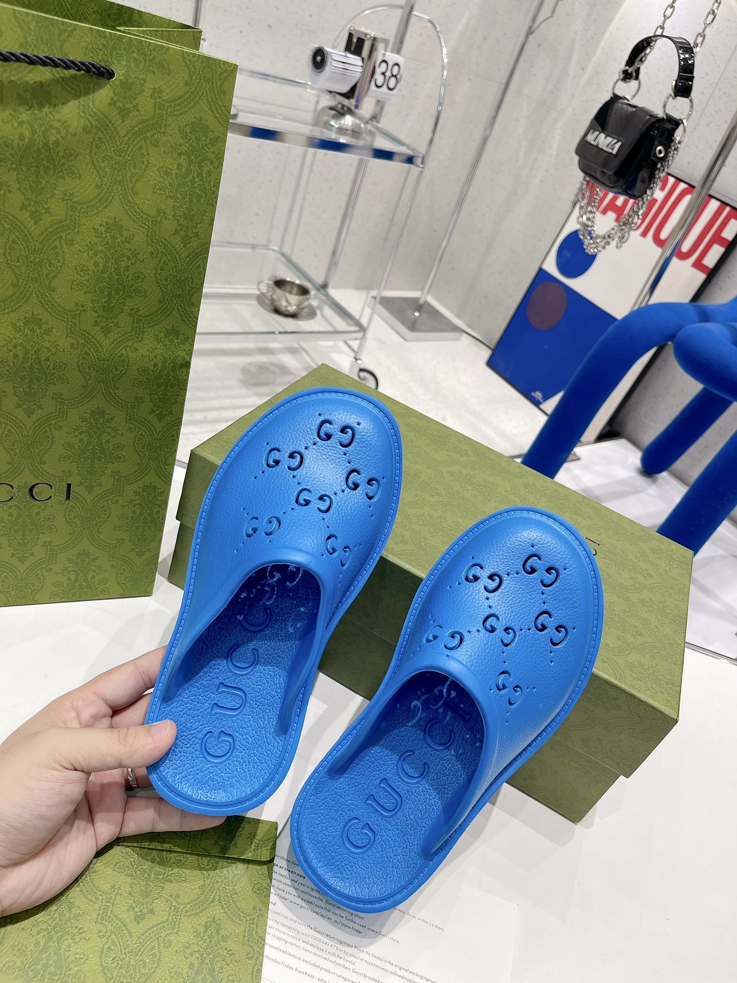 Gucci Women’s Platform Perforated G Sandal Light Blue For Women GG