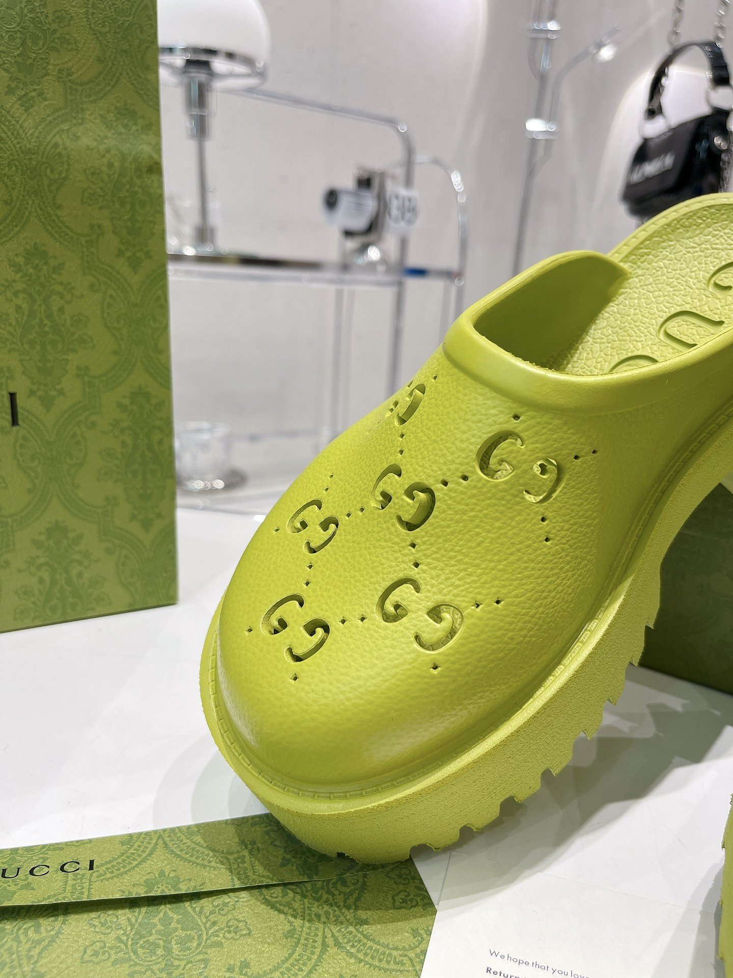 Gucci Women’s Platform Perforated G Sandal Light Green For Women GG
