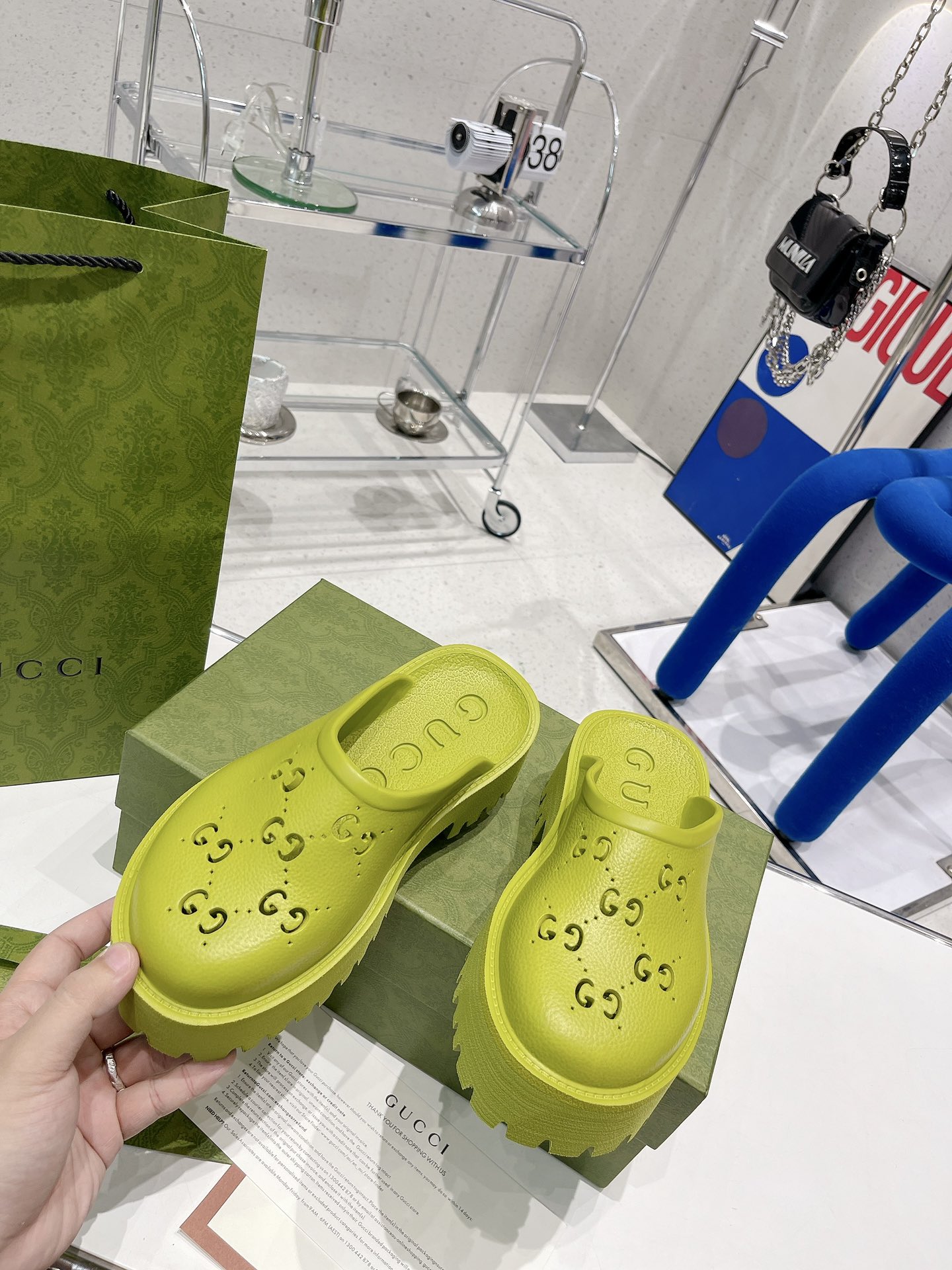 Gucci Women’s Platform Perforated G Sandal Light Green For Women GG