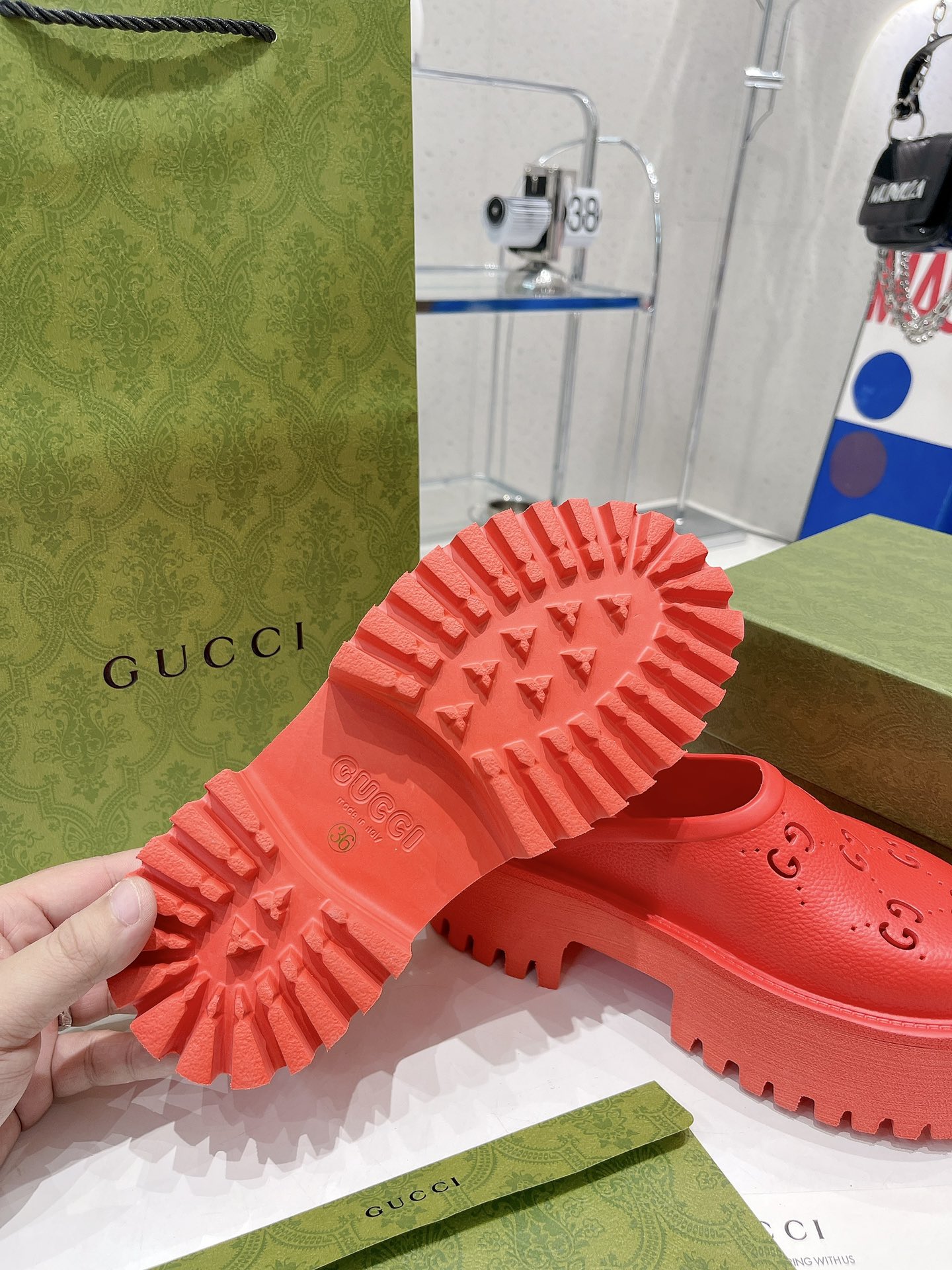 Gucci Women’s Platform Perforated G Sandal Red For Women GG