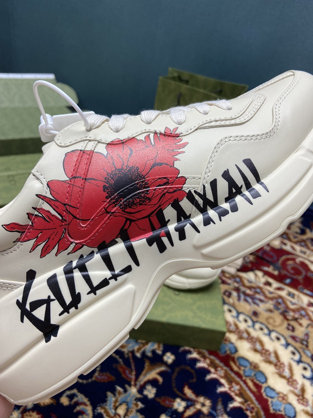 Gucci Women’s Rhyton Sneakers With Gucci Hawaii Poppy Print White Ivory For Women 631708-DRW00-9522