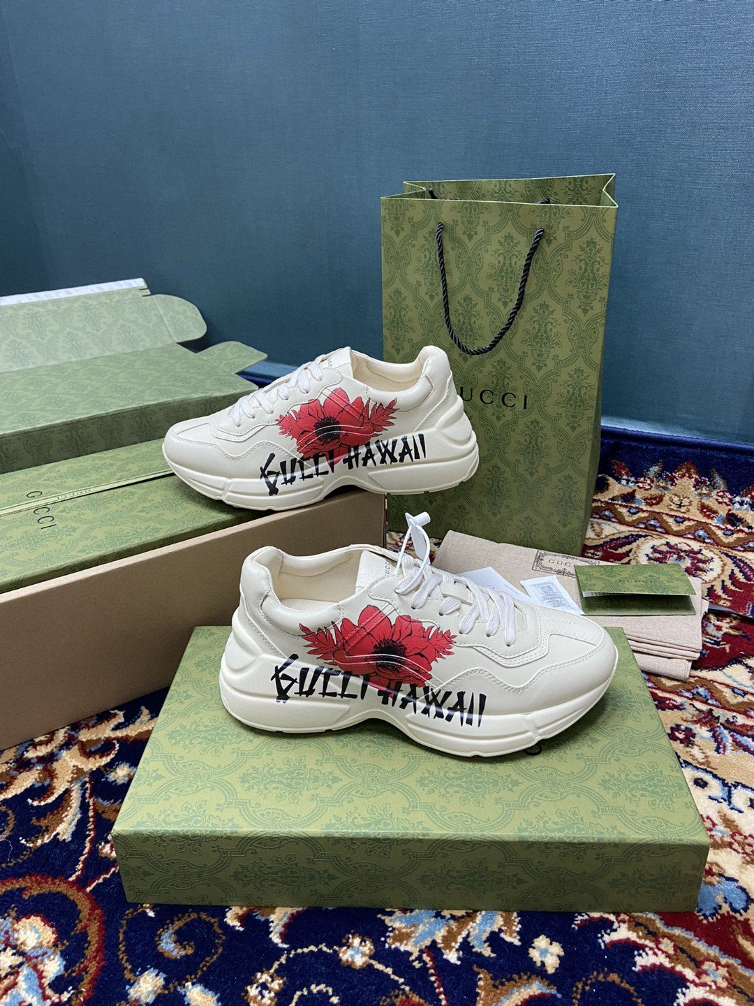 Gucci Women’s Rhyton Sneakers With Gucci Hawaii Poppy Print White Ivory For Women 631708-DRW00-9522