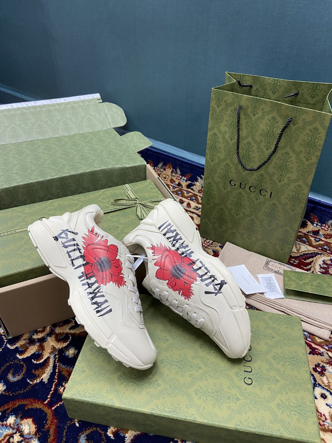 Gucci Women’s Rhyton Sneakers With Gucci Hawaii Poppy Print White Ivory For Women 631708-DRW00-9522