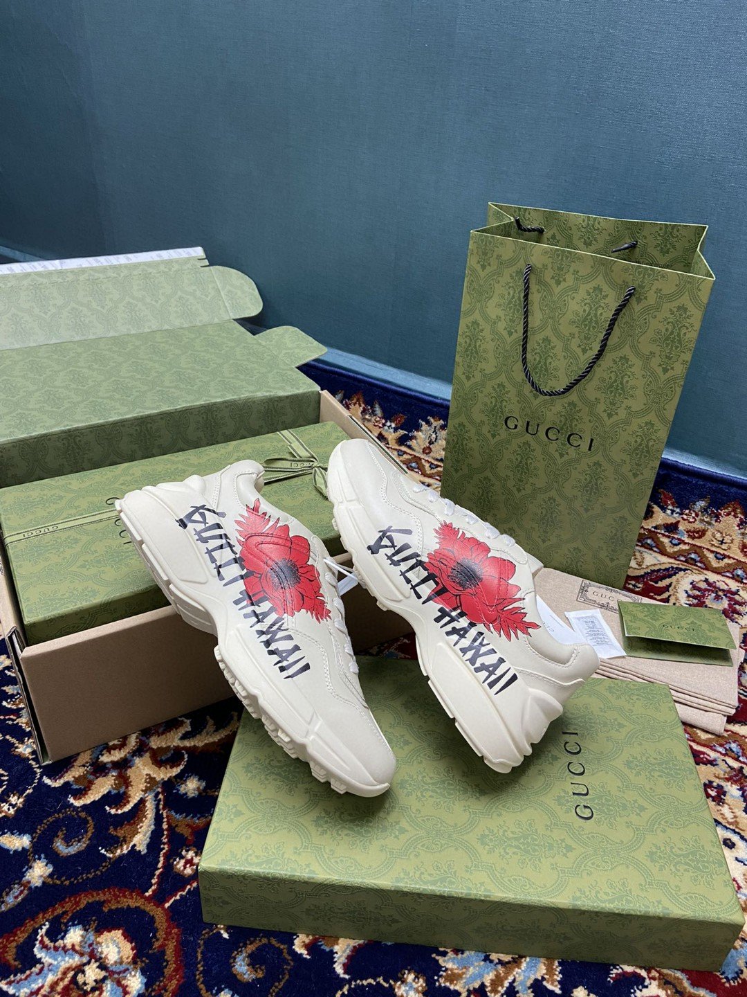 Gucci Women’s Rhyton Sneakers With Gucci Hawaii Poppy Print White Ivory For Women 631708-DRW00-9522