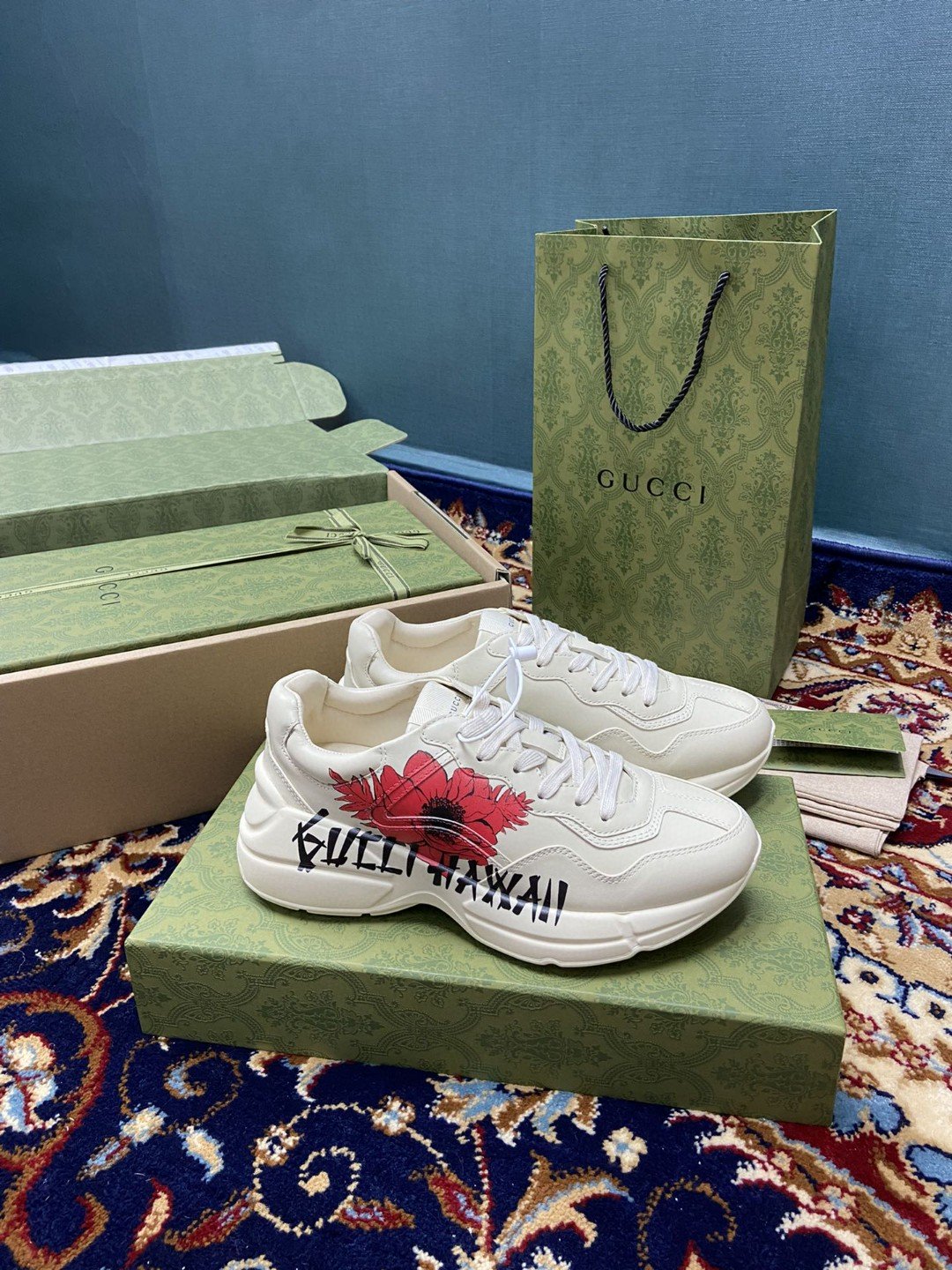 Gucci Women’s Rhyton Sneakers With Gucci Hawaii Poppy Print White Ivory For Women 631708-DRW00-9522