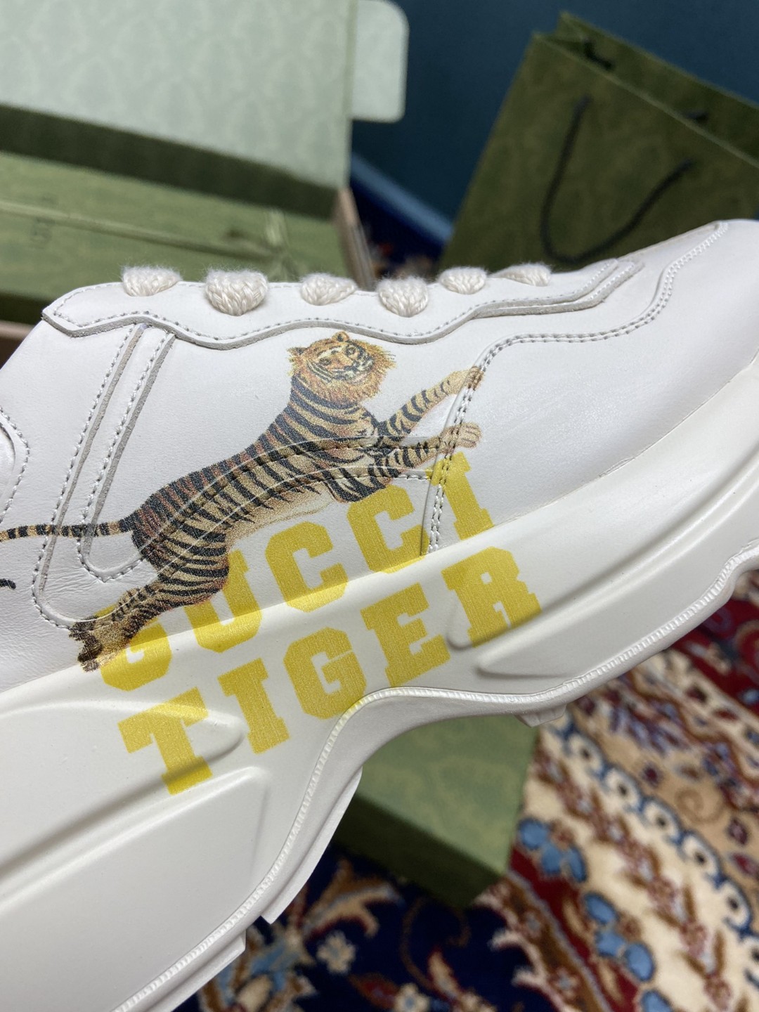Gucci Women’s Rhyton Sneakers With Gucci Tiger White Ivory For Women 687611 DRW00 9522
