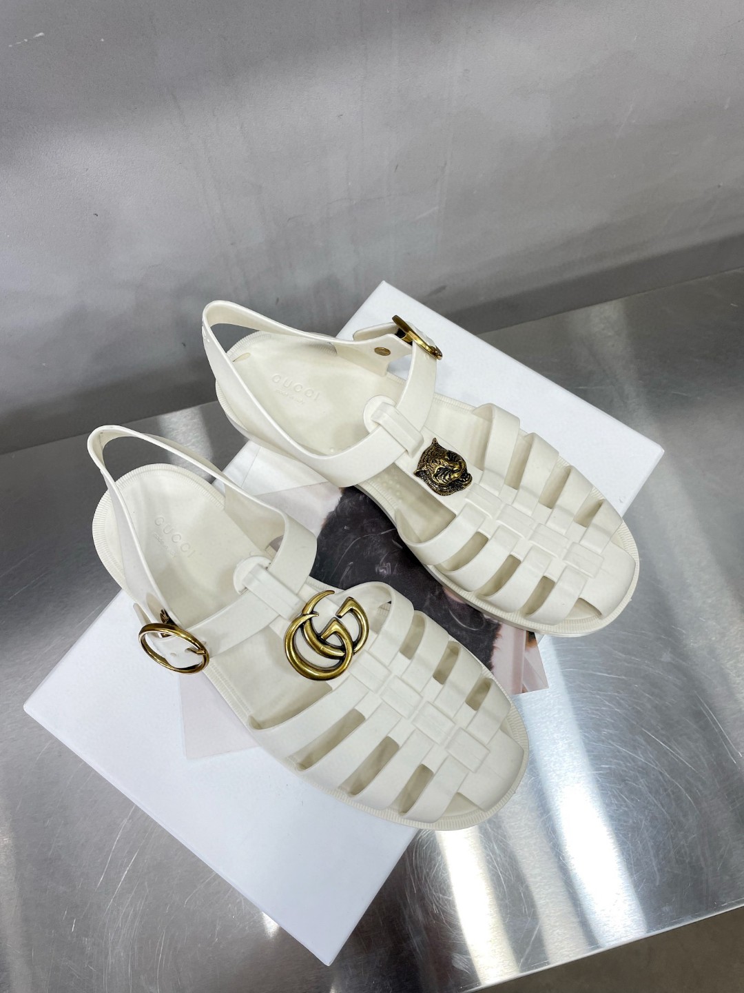 Gucci Women’s Rubber Buckle Strap Sandal White For Women 463463