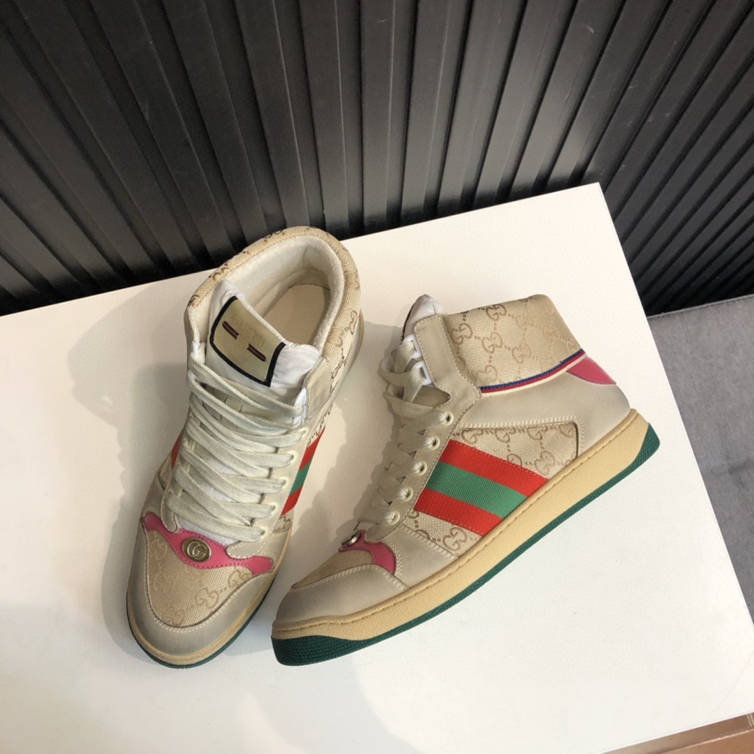 Gucci Women’s Screener GG Distressed High Top Off-White Pink For Women 5637309
