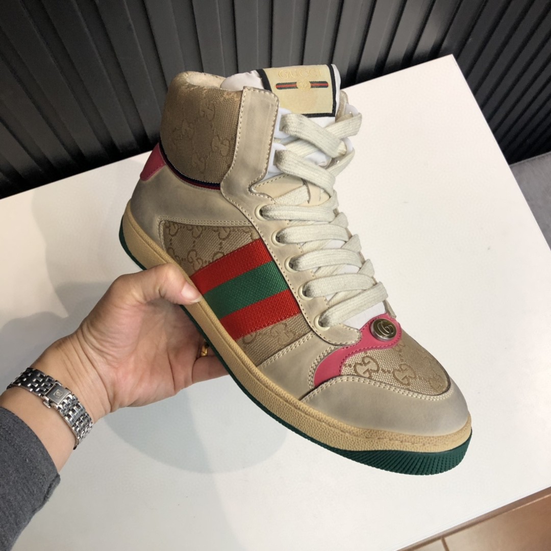 Gucci Women’s Screener GG Distressed High Top Off-White Pink For Women 5637309