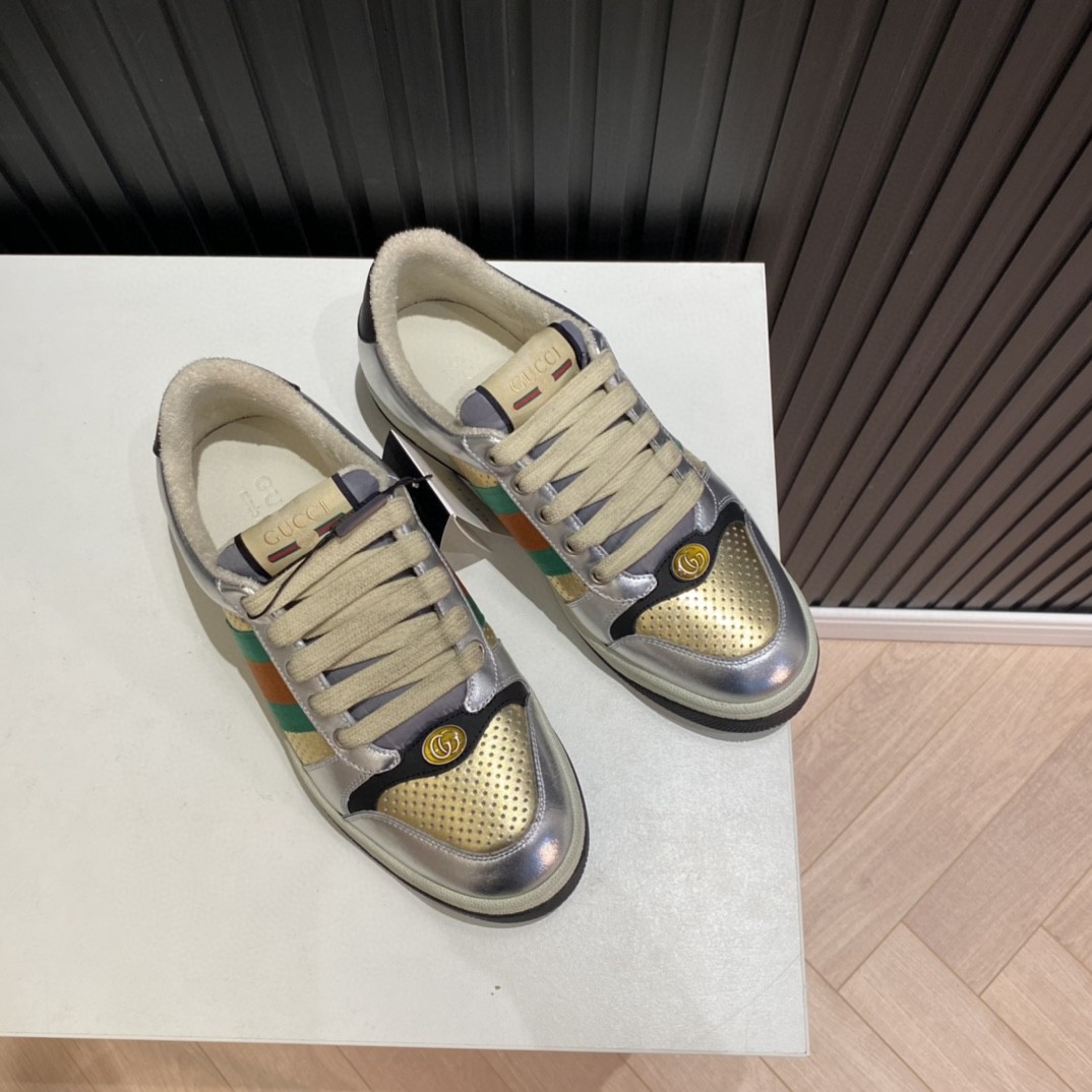 Gucci Women’s Screener Low Top Sneakers Silver Gold For Women 627833 1TR20 8162