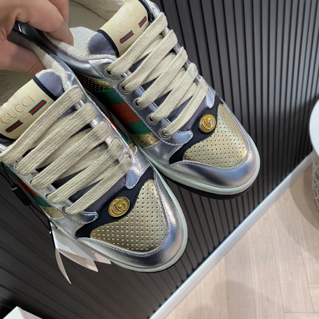 Gucci Women’s Screener Low Top Sneakers Silver Gold For Women 627833 1TR20 8162
